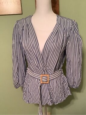 Monteau Striped Wrap Belted Blouse, Blue & White - Size XL